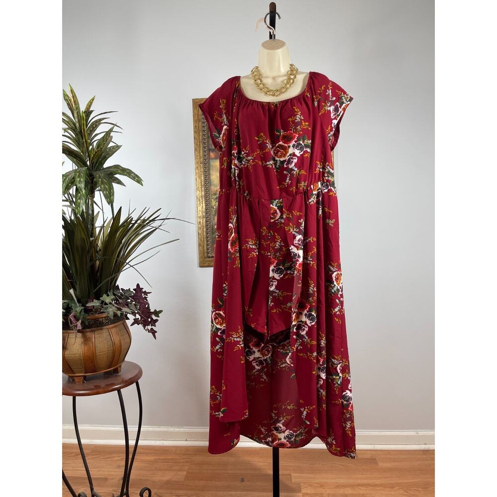 Shein Curve Dress Womens 4XL Red Floral High-Low Overlay Boho Romantic Festival